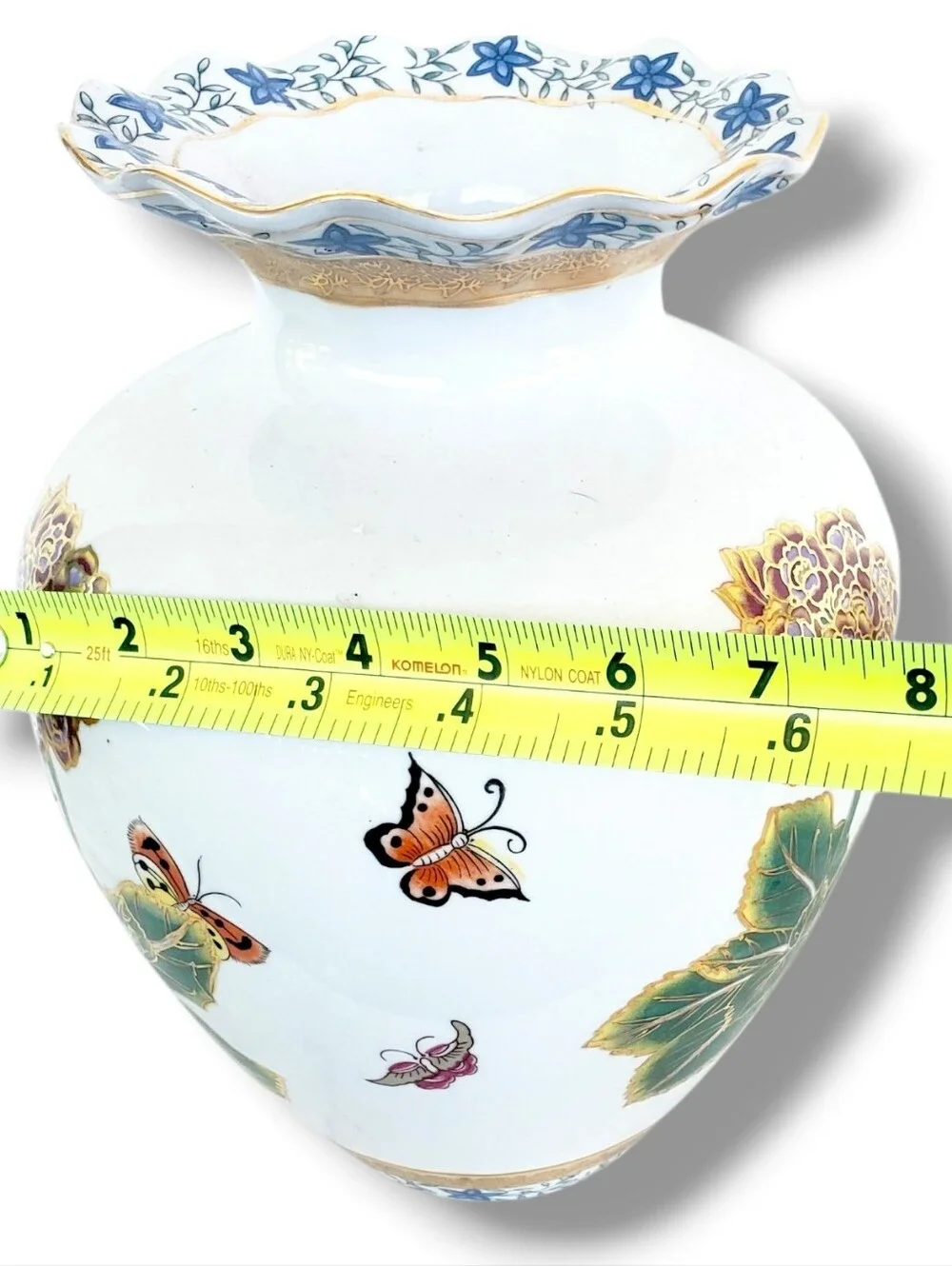 Vintage Porcelain Floral Vase Butterfly Gold Gilt Scalloped Hand Painted Asian